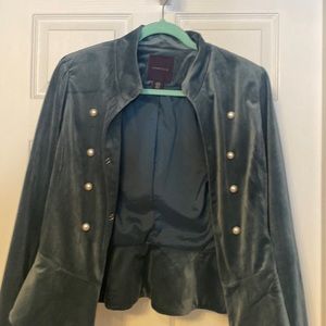 Amaryllis teal sea green blue fitted jacket with pearl style button velvet feel